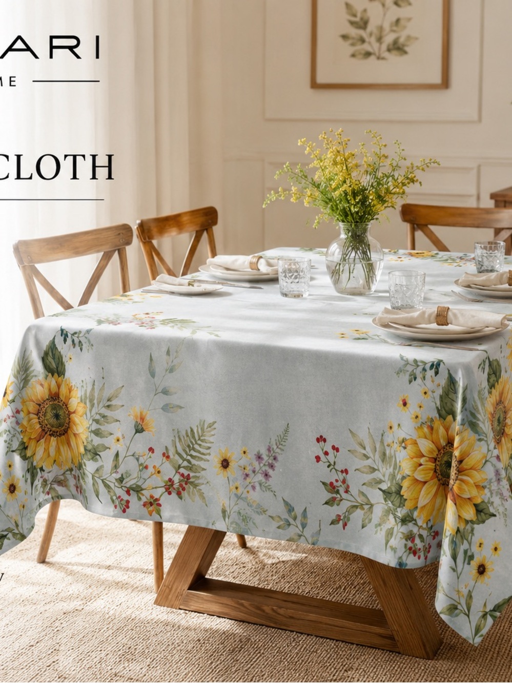 Tahari Sunflower Floral Tablecloth - Light Blue & Yellow